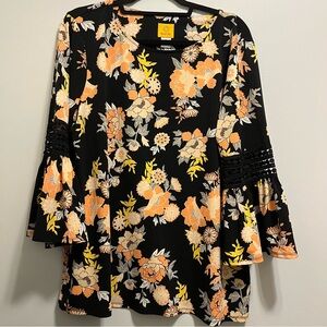 Ruby Rd. Black and Orange Floral Bell Sleeve Blouse